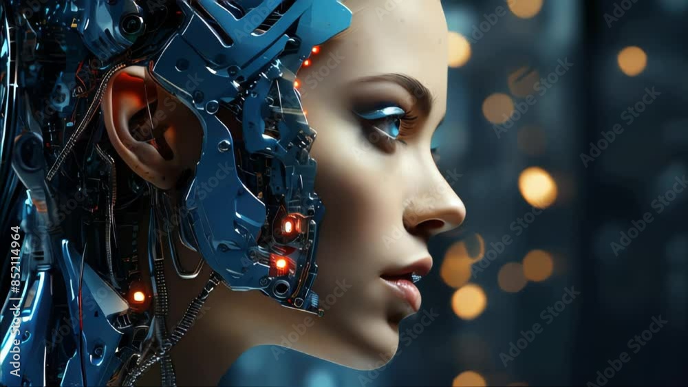 Poster connection of human woman and artificial intelligence robot. the concept of merging a person and a c