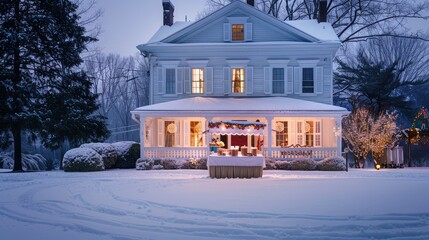 A snowy evening at a classic American house with white shutters, a hot chocolate stand set up on the front porch, inviting neighbors to gather and enjoy the festive atmosphere.