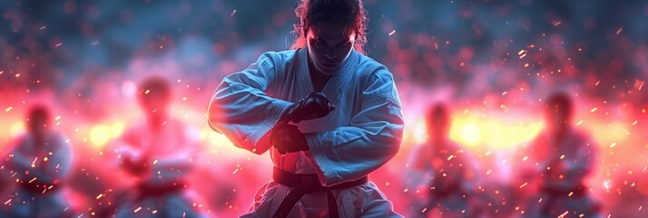 Female Martial Artist Practicing Karate During Sparring Session at Night