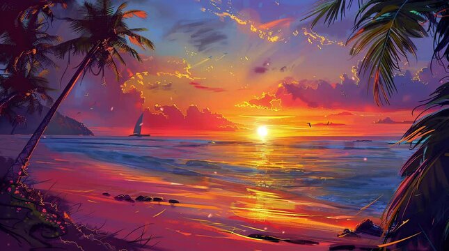 Stunning sunset beach with a silhouetted palm tree swaying gently.
 Seamless looping 4k time-lapse virtual video animation background. Generated AI
