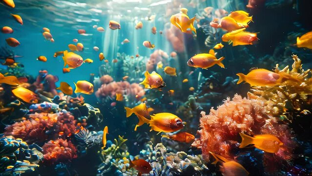 Underwater world with fish and corals. Underwater view of mari fishes and plants