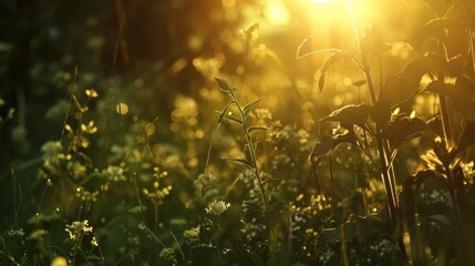 Wild plants outlines in the evening sun