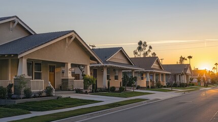 A suburban dawn with a sandy beige Craftsman style house, suburban streets in a neat row, suburban quiet pervasive, as the morning light gently illuminates the area.