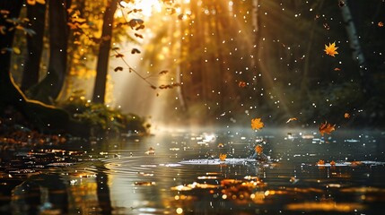 A beautiful autumn scene with a river and leaves falling into the water
