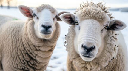Fototapeta premium Two sheep facing the camera on a bright winter day