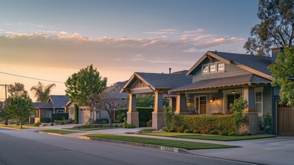 A tranquil suburban dawn with a Craftsman style house in the soft light of early morning, streets silent and devoid of any activity.
