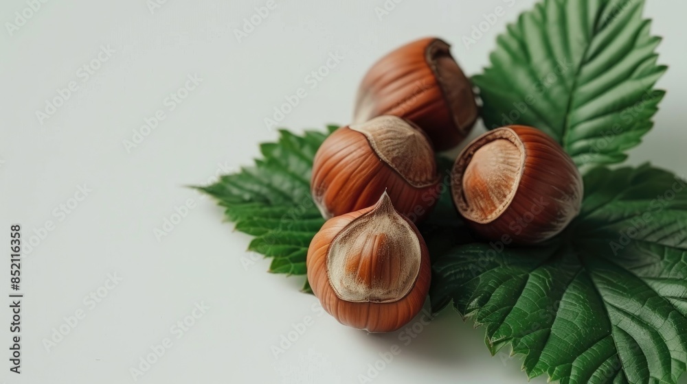 Sticker close up of isolated hazelnut on white background with green leaves