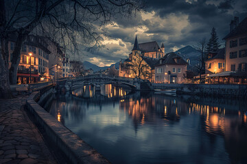 Obraz premium A city with a river running through it and a church in the background