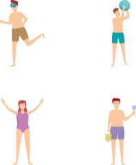 Set of cartoon characters enjoying beach activities in swimwear isolated on white background