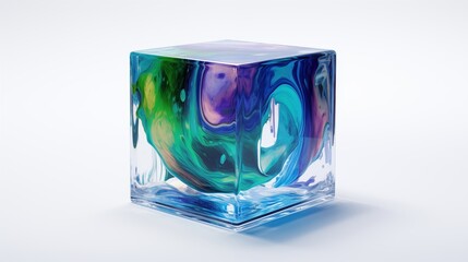 Abstract Colorful Glass Cube Art with Green, Blue, and Purple Swirls