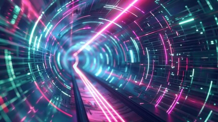 Obraz premium A tunnel with neon lights and a pink and blue color scheme.