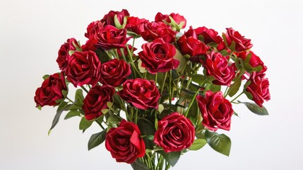 A stunning arrangement of deep red roses in full bloom elegantly displayed in a vase against a pristine white backdrop