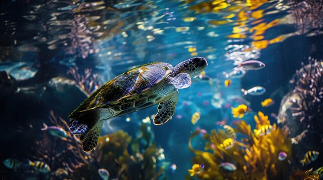 A graceful turtle elegantly swims through the vibrant waters of the Texas State Aquarium in Corpus Christi