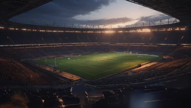 A large sports arena at dusk, bright lights illuminating the seats and playing field