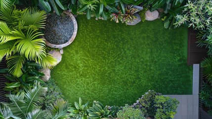 Aerial view of a small backyard featuring a trendy artificial grass The space includes an array of native plants and a small, ornamental pond, demonstrating effective use of limited space.