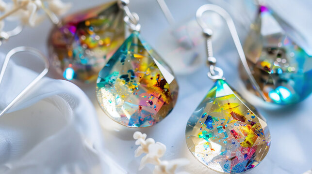 close-up photo of colorful resin-coated earrings, artisanal crafted jewelry design, hippie style