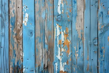 A blue and white wooden board with a lot of paint peeling off
