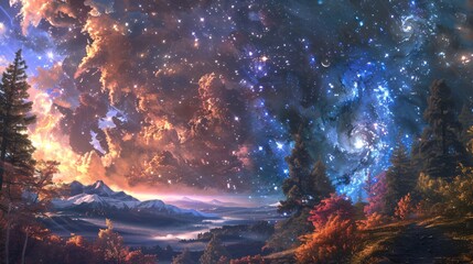 Cosmic Landscape with Autumnal Forest