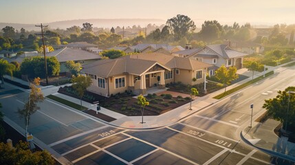Fototapeta premium Aerial view of a suburban morning, a Craftsman style house in sandy beige central in the scene, surrounded by empty, silent streets under the dawn's soft light.