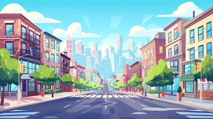 Obraz premium Vector illustration of a cityscape featuring a main street and sky background. This urban landscape depicts a daytime scene in a flat style, ideal for stock illustrations or urban-themed designs.