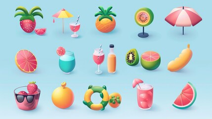 Collection of summer icons in a vector illustration set, featuring various symbols associated with the hot season. Ideal for banners or design projects related to summer themes.