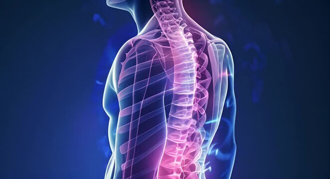 Human spine and upper body in a side view with highlight the spinal structure and nervous system. Illustration of  human spine highlighting vertebrae and spinal cord in vibrant colors.