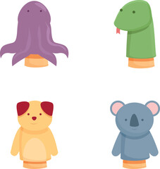 Set of four adorable cartoon animals including an octopus, snake, dog, and koala