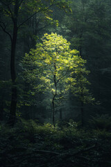 Obraz premium A single tree glowing softly in a dark, dense forest, providing light and hope amidst the shadows, symbolizing optimism in difficult times. 