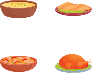Collection of four cartoon food illustrations, including soup, bread, salad, and a whole chicken