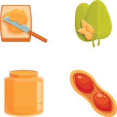 Set of colorful food icons including honey with dipper, spinach leaves, peanut butter jar, and peanut halves