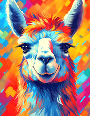 Colorful pop art style portrait of a happy llama