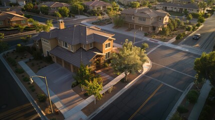 Obraz premium Bird's eye view of a tranquil suburban dawn, focusing on a Craftsman style house in sandy beige, surrounded by empty streets under the early light.