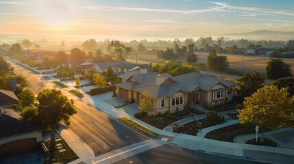 Bird's eye view over a serene suburban landscape at dawn, with a sandy beige Craftsman style house and empty streets under the morning glow.