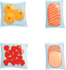 Set of illustrations featuring different foods vacuumsealed in plastic packaging