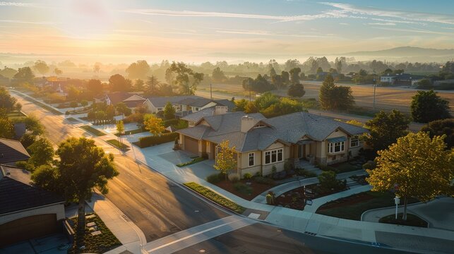 Bird's eye view over a serene suburban landscape at dawn, with a sandy beige Craftsman style house and empty streets under the morning glow.