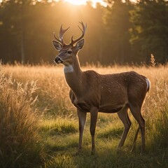 Fototapeta premium Majestic Deer at Sunset Graceful Wildlife in Tranquil Meadow