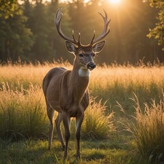 Fototapeta premium Majestic Deer at Sunset Graceful Wildlife in Tranquil Meadow