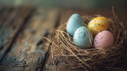 Obraz premium Easter Eggs in a Basket Nest with Straw Background
