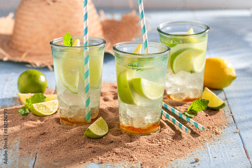 Sticker homemade lemonade as drink for summer hot days.