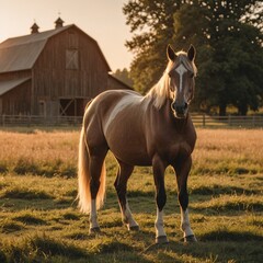 Obraz premium Majestic Horse in Rustic Field at Golden Hour