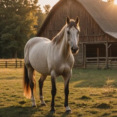 Obraz premium Majestic Horse in Rustic Field at Golden Hour