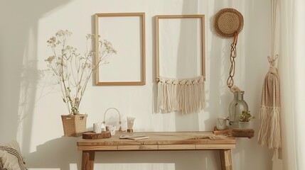 "Stylish and modern boho interior of a living room featuring mock-up photo frames, flowers in a vase, a wooden desk, beige macrame, and elegant accessories.