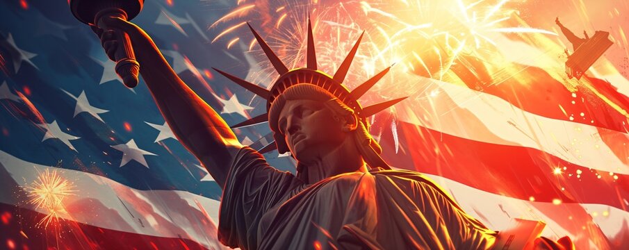 American symbol Statue of Liberty on the background of flag usa and fireworks. Democracy and freedom. 4th of July, Memorial, Labour, Independence Day. Patriotic background for greeting card, banner