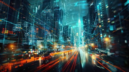 Naklejka premium Futuristic Cityscape with Digital Overlays. A modern cityscape veiled in digital graphics symbolizing data and network connectivity, highlighting the intersection of urban life and technology