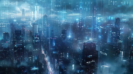Futuristic Cityscape with Digital Overlays. A modern cityscape veiled in digital graphics symbolizing data and network connectivity, highlighting the intersection of urban life and technology