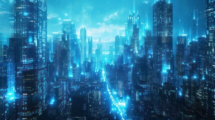 Futuristic Blue Holographic Cityscape. A futuristic city in holographic blue tones, emphasizing modern architecture and technology themes.