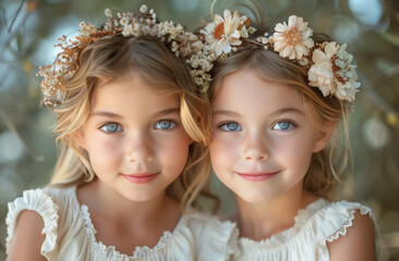 close up photo of two happy young blonde girls in white first communion dresses, flower crowns on their heads, green park background. 