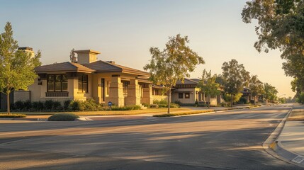 Early morning tranquility captured as dawn's first light bathes a Craftsman style house in a sandy beige hue, with quiet, empty suburban streets around.