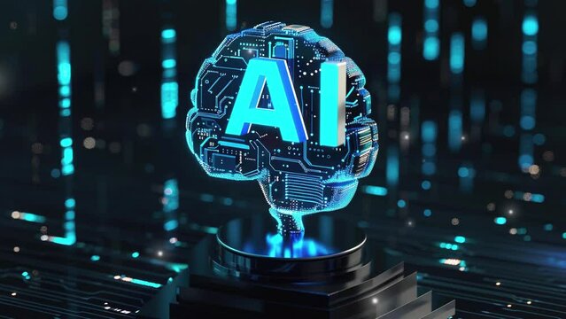 Brain futuristic. Blue glowing brain with an AI chip on a black background. "AI" text sign in the style of digital hologram. Artificial intelligence brain. Artificial intelligence technology concept