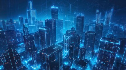 Futuristic Blue Holographic Cityscape. A futuristic city in holographic blue tones, emphasizing modern architecture and technology themes.